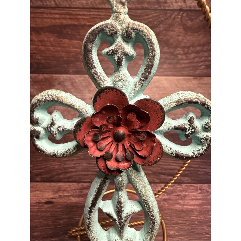 Teal Red Floral Shabby Cast Iron Metal 6.5" Cross Figurine